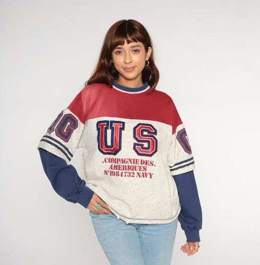 90s Compagnie Des Ameriques Color Block Sweatshirt Red White Navy Large L