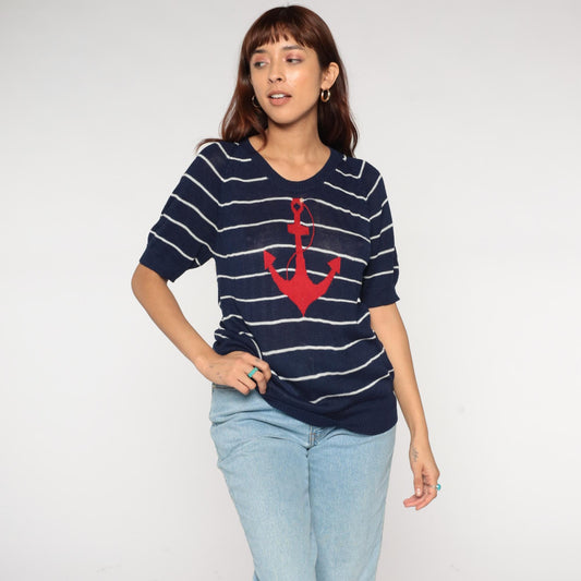 80s Nautical Anchor Sweater Navy White Striped Red Short Sleeve Medium