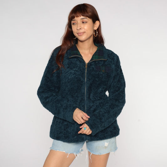 Pendleton Y2K Teal Fleece Jacket Plaid Collar Zip Large L