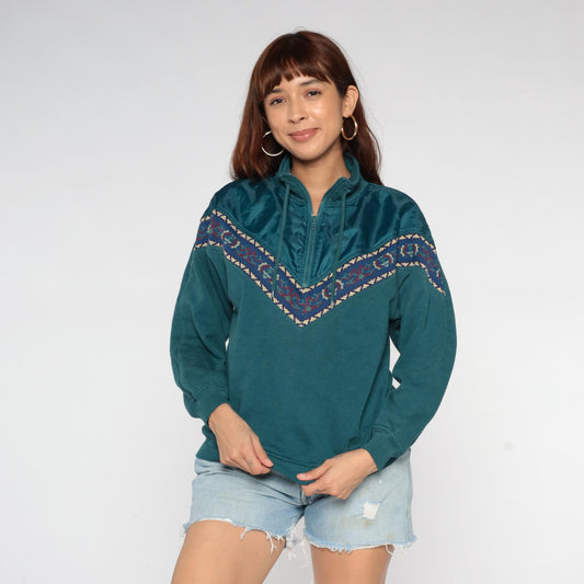 90s Chinawear Southwestern Quarter-Zip Sweatshirt Teal Chevron Embroidered Small