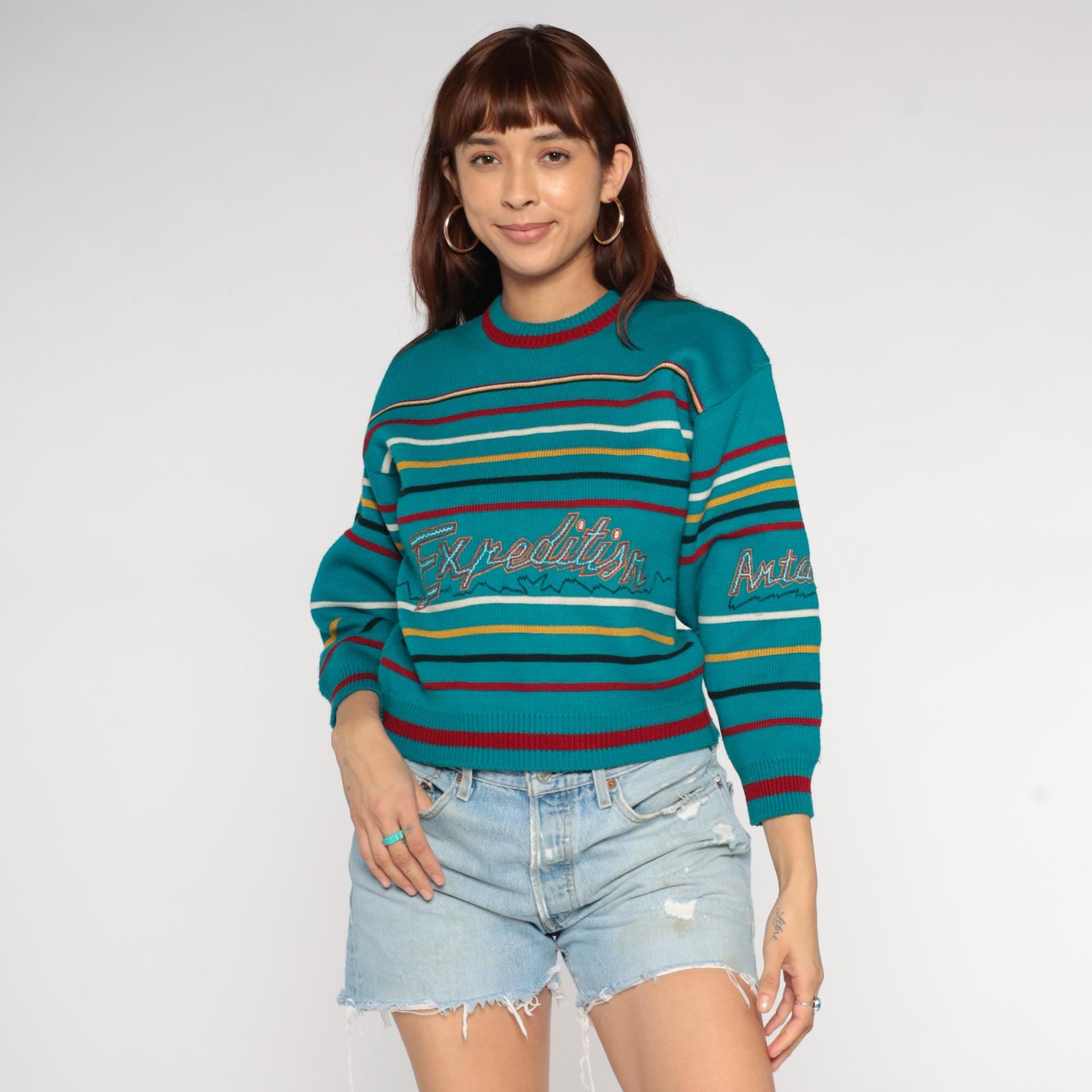 90s Teal Striped Crewneck Sweater Expedition Antarctic Embroidered XS