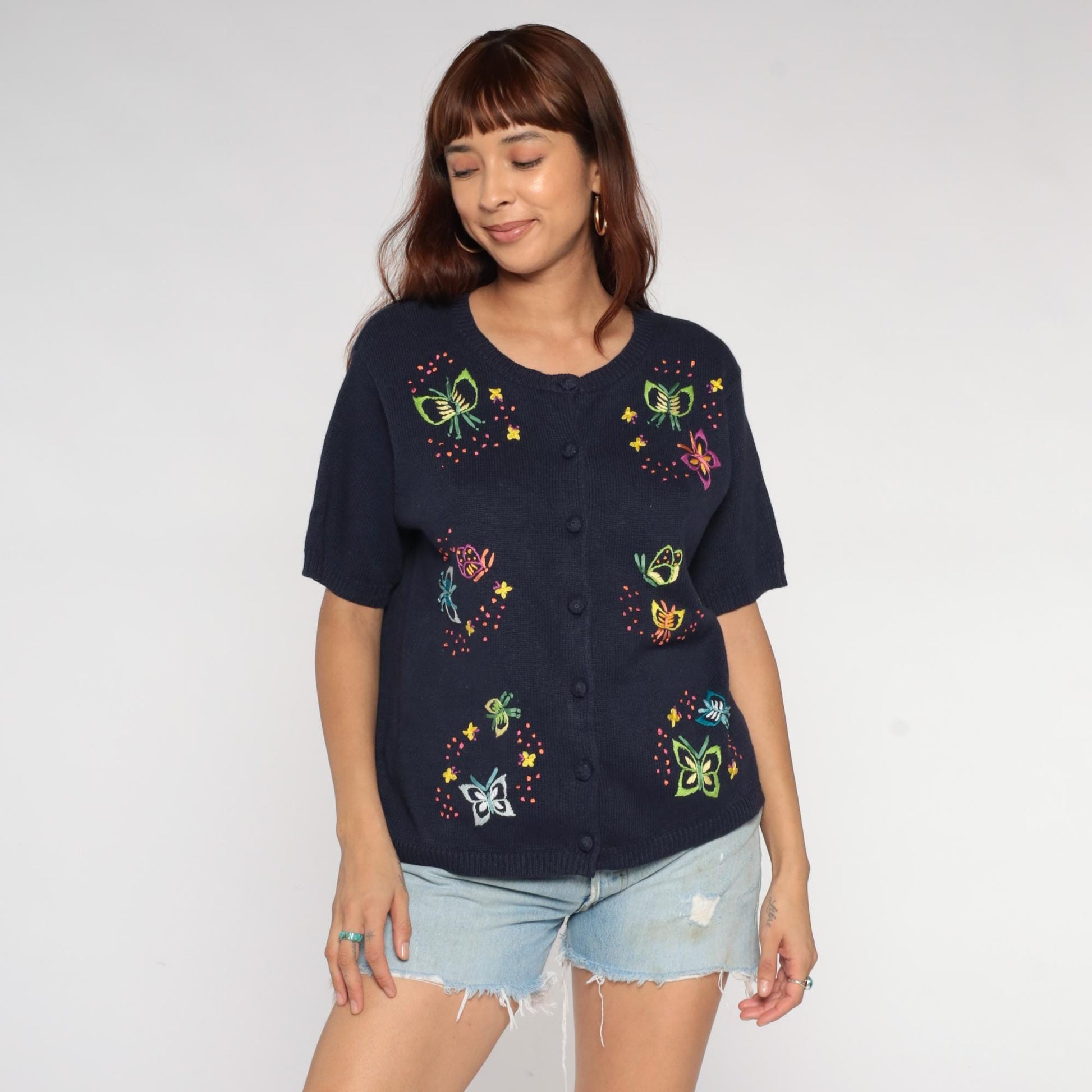 90s Navy Embroidered Butterfly Cardigan Short Sleeve Button Front Large L