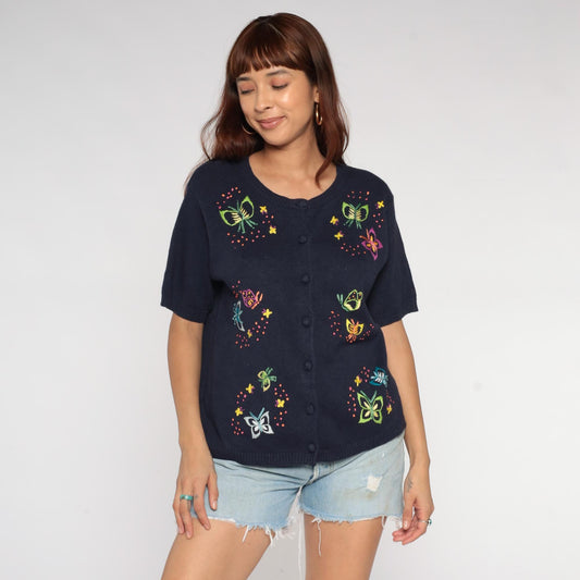 90s Navy Embroidered Butterfly Cardigan Short Sleeve Button Front Large L