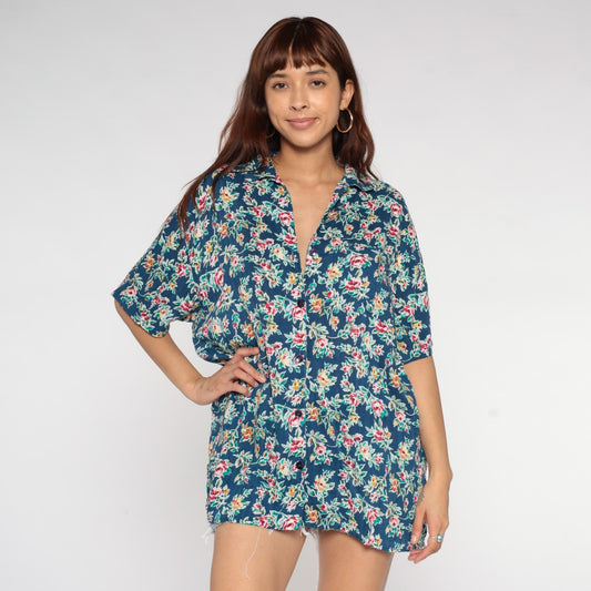90s Partners Floral Button-Up Shirt Navy Rayon Pink Yellow Green Large L