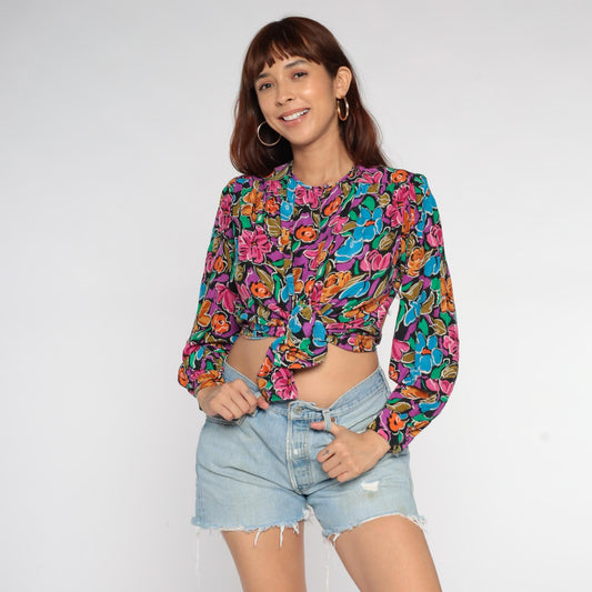 90s Silk Floral Blouse Jewel Neckline Long Sleeve Multicolor Small S