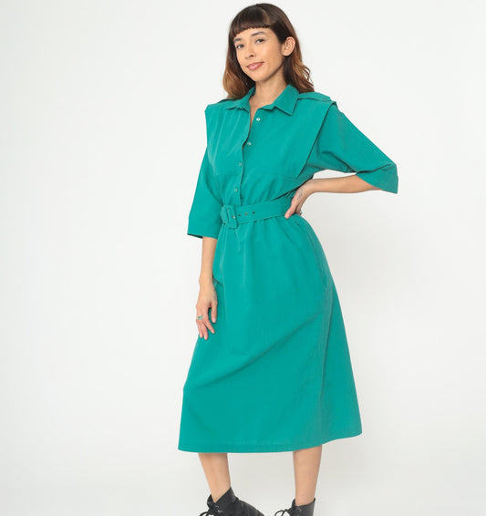 80s Teal Shirt Dress Button Front Belted Midi Structured Collar Medium