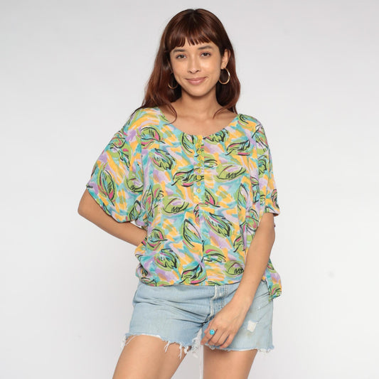 90s Forenza Tropical Leaf Print Button-Up Blouse Short Sleeve Medium M