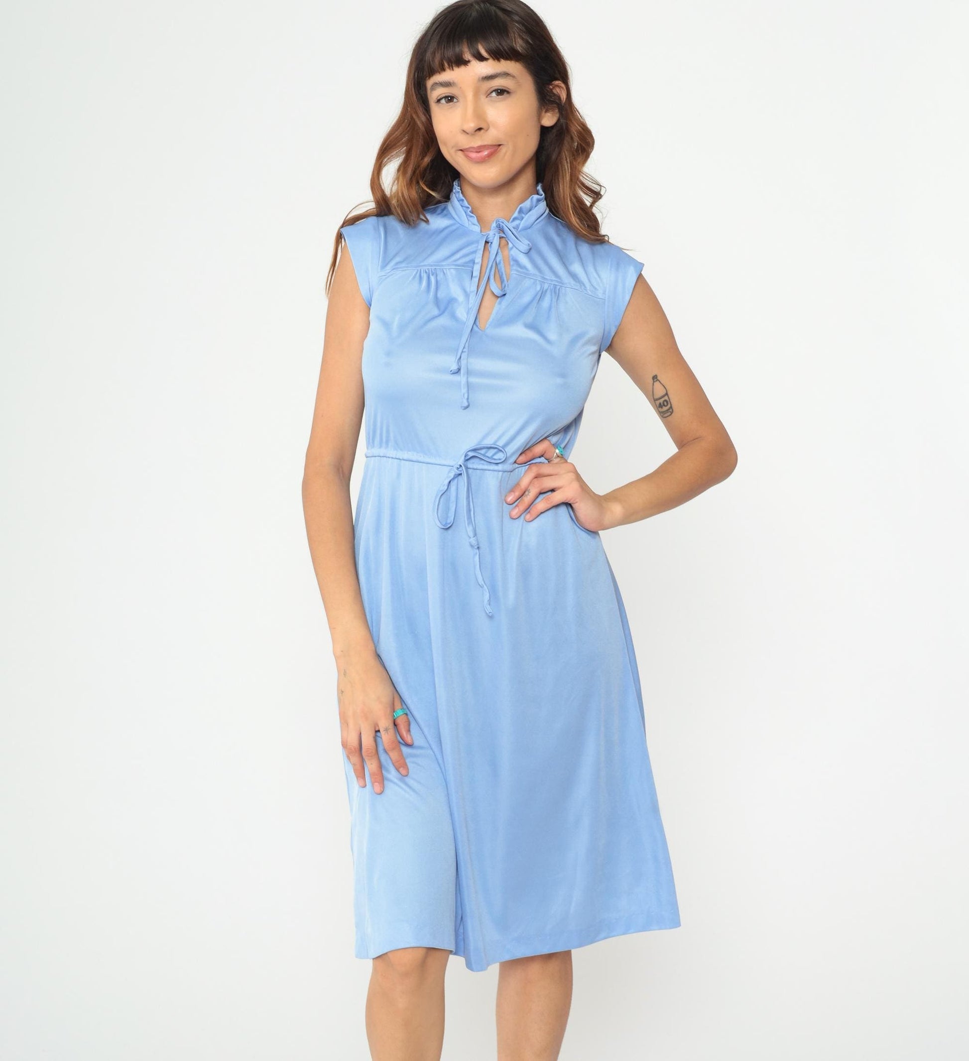 70s Powder Blue Midi Dress Tie Neck Bow Keyhole Cap Sleeve Belted Small