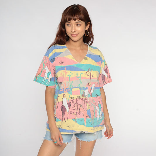 90s Pastel Horse Landscape Graphic V-Neck Tee Cotton Pink Blue Medium