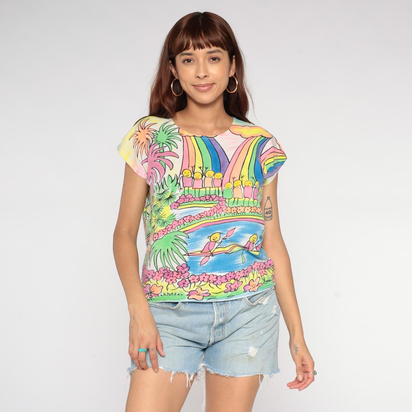 90s Rainbow Tropical Waterfall T-Shirt Cotton Graphic Tee Medium M