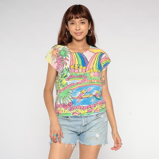 90s Rainbow Tropical Waterfall T-Shirt Cotton Graphic Tee Medium M
