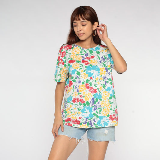90s Basic Editions Floral T-Shirt Multicolor Watercolor Daisy White Large L