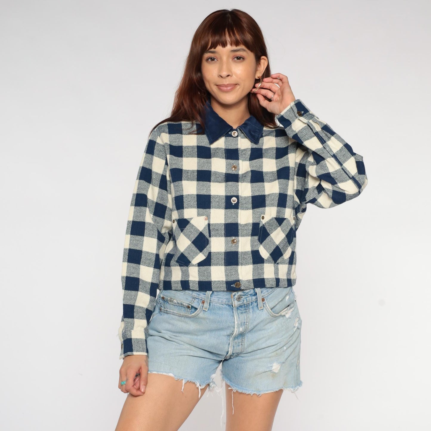 90s Commotion Buffalo Check Flannel Shirt Navy Cream Cropped Large L