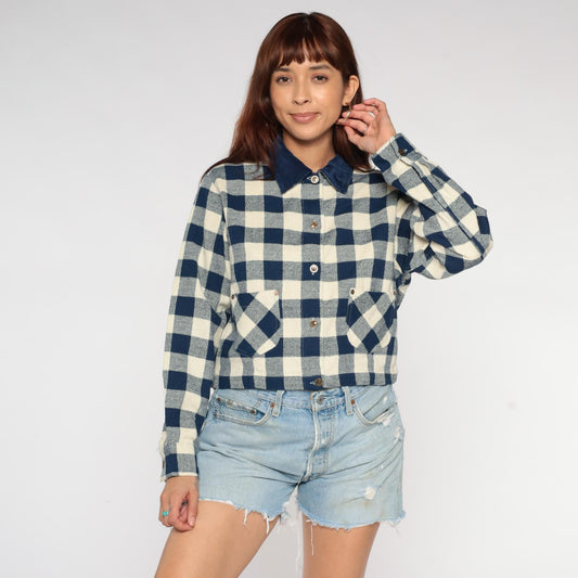 90s Commotion Buffalo Check Flannel Shirt Navy Cream Cropped Large L