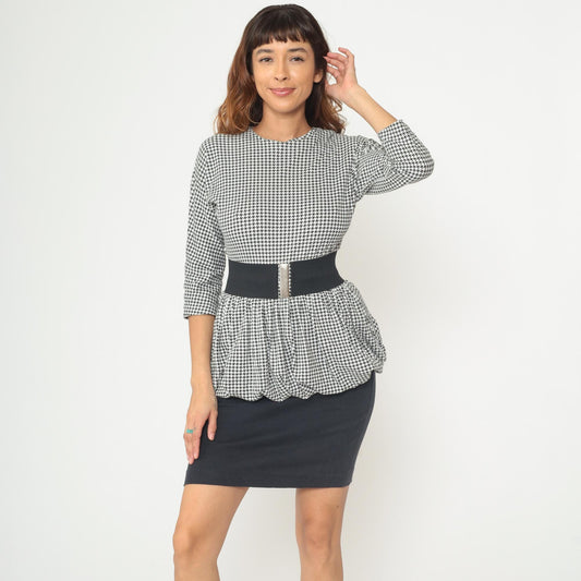80s Houndstooth Mini Dress Black White Peplum Three Quarter Sleeve Small S