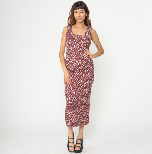 90s Burgundy Floral Midi Dress Rayon Sleeveless Scoop Neck Medium