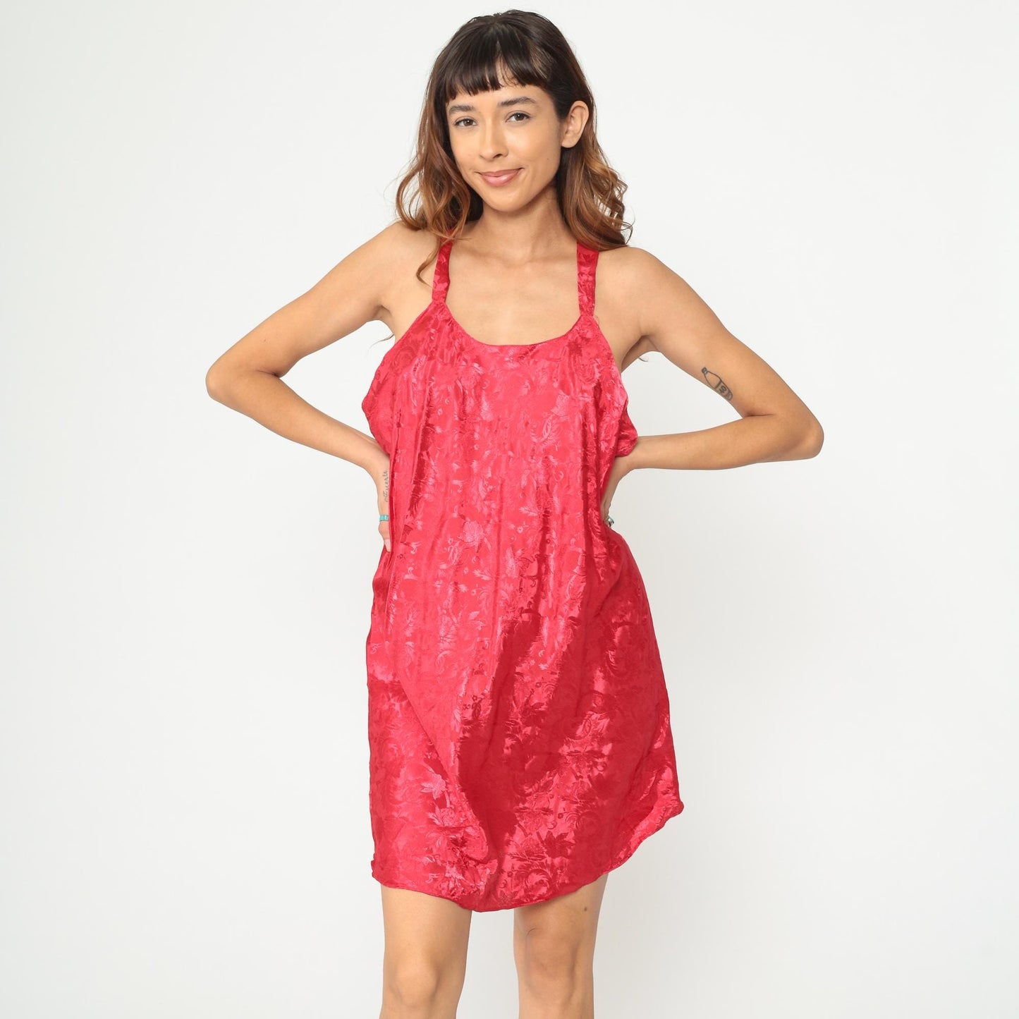 90s Red Slip Dress Embossed Floral Racerback Mini Plus Size XXL
