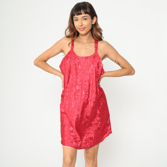 90s Red Slip Dress Embossed Floral Racerback Mini Plus Size XXL