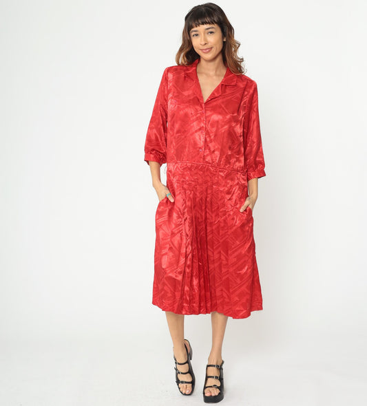 80s Red Midi Dress Button Front Pleated Jacquard Geometric Collar Medium