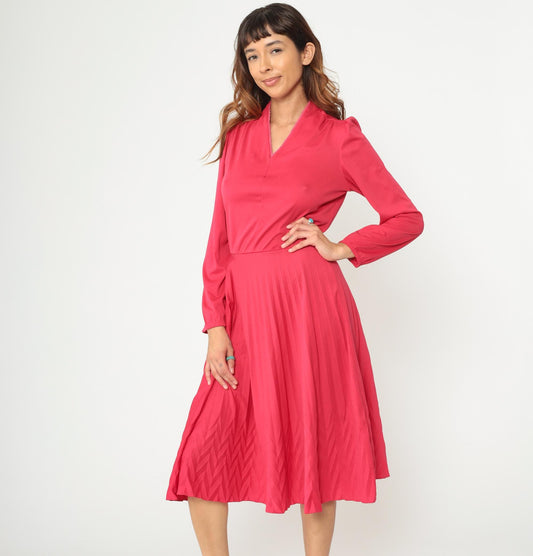 80s Tomato Red Midi Dress V-Neck Pleated Skirt Long Sleeve Medium