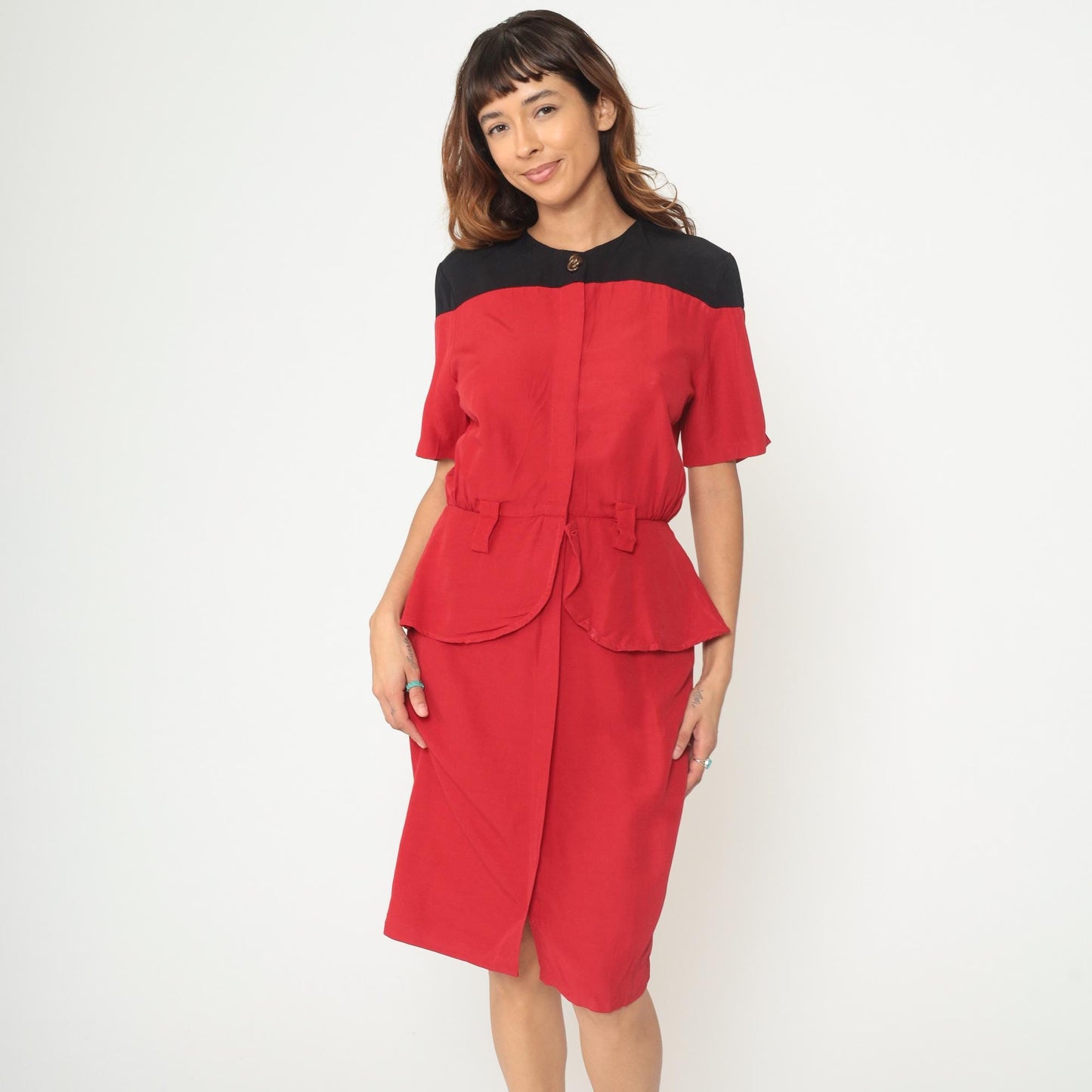 90s Color Block Midi Dress Red Black Peplum Button Front Short Sleeve Medium