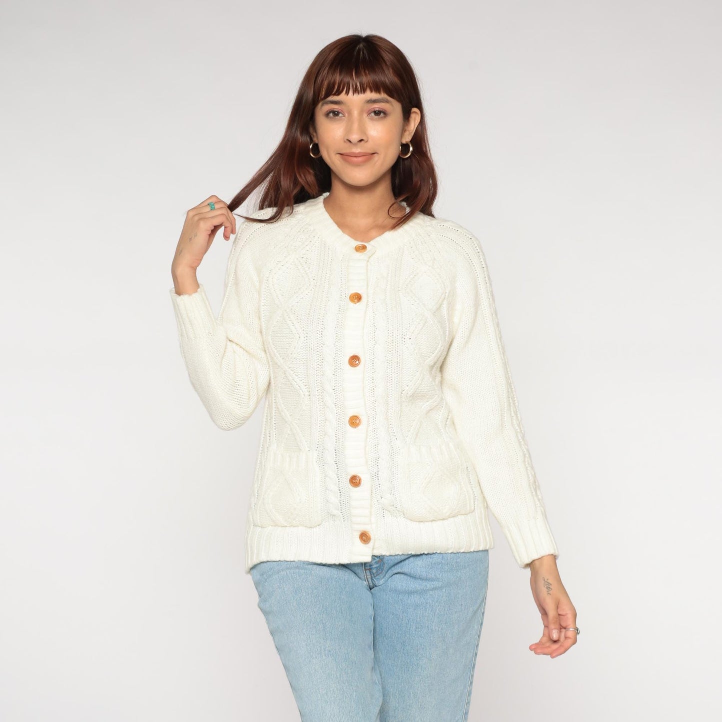 70s Knitivo Cable Knit Cardigan Cream Wood Buttons Pockets Medium M