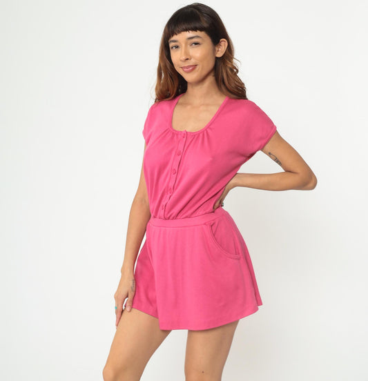 80s Hot Pink Mini Dress Cotton Blend Scoop Neck Side Pockets A-Line Medium M
