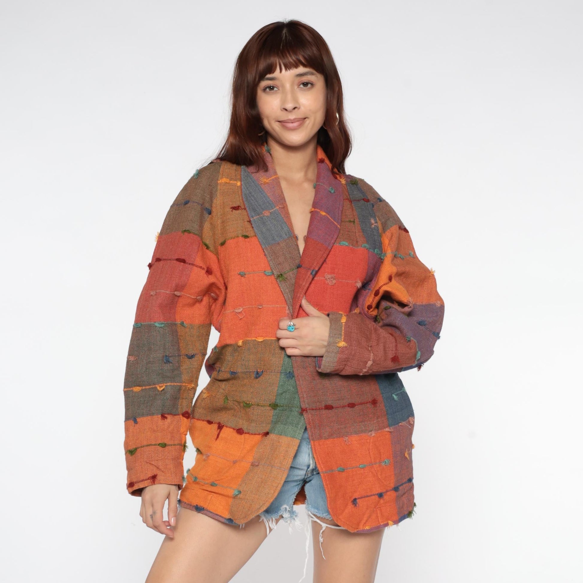 90s Patchwork Cotton Jacket Multicolor Block Button Front Medium M