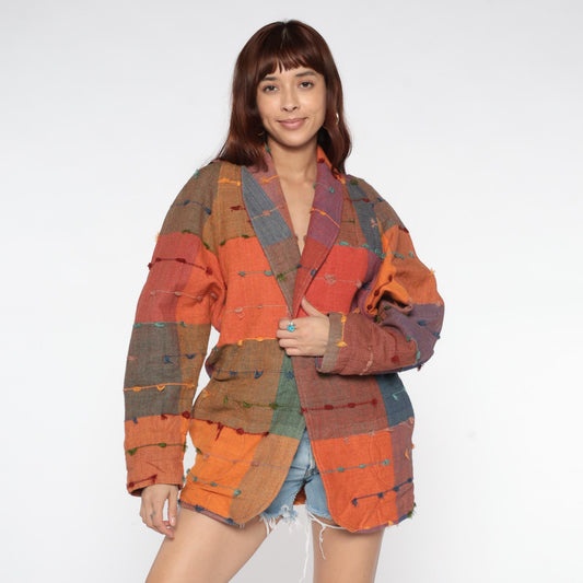 90s Patchwork Cotton Jacket Multicolor Block Button Front Medium M