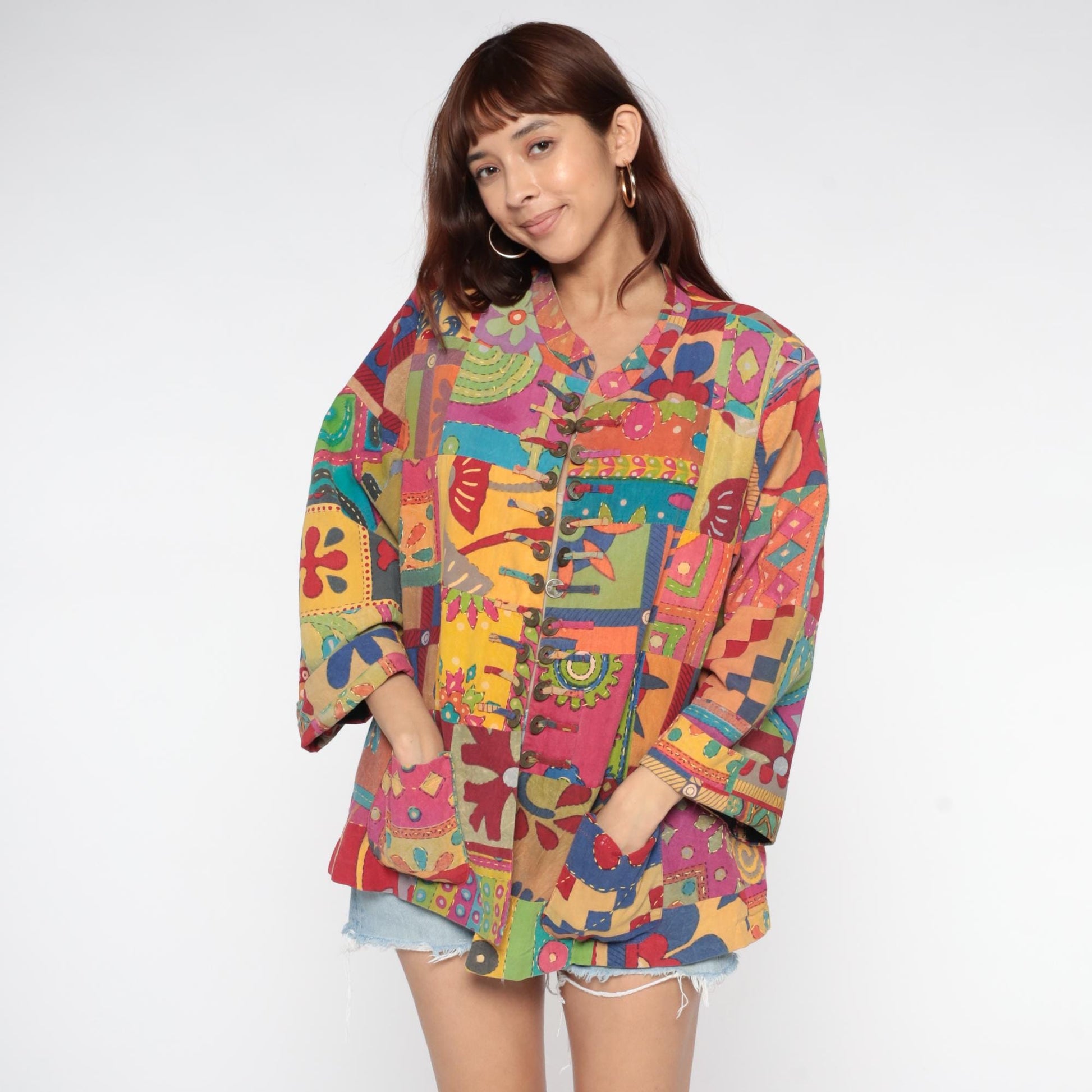 Y2K Rainbow Patchwork Cotton Jacket Embroidered Floral Button Front Extra Large