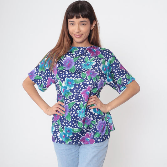 90s Sybil California Floral Polka Dot Blouse Navy Short Sleeve Medium
