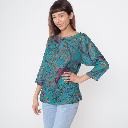 90s Bianca Paisley Floral Blouse Teal Purple Orange Rayon Medium