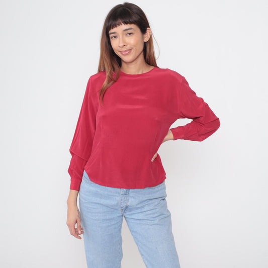 90s Clio Red Silk Blouse Keyhole Back Button Cuff Medium M