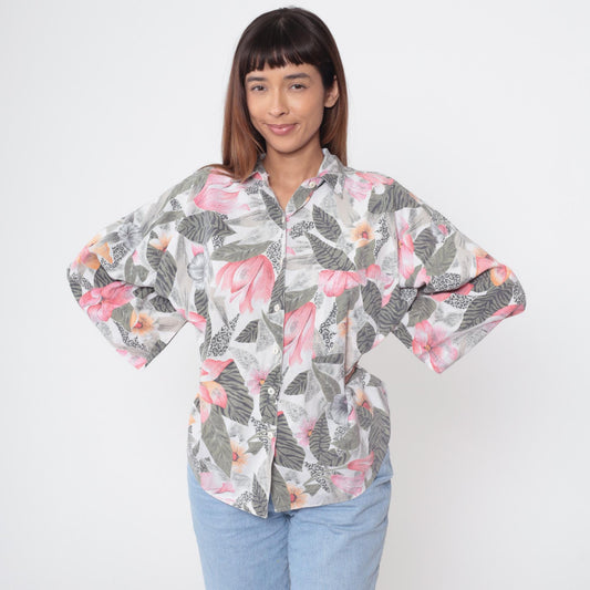 90s Box Office Floral Button Down Shirt Pink Orange Green Tropical Large L