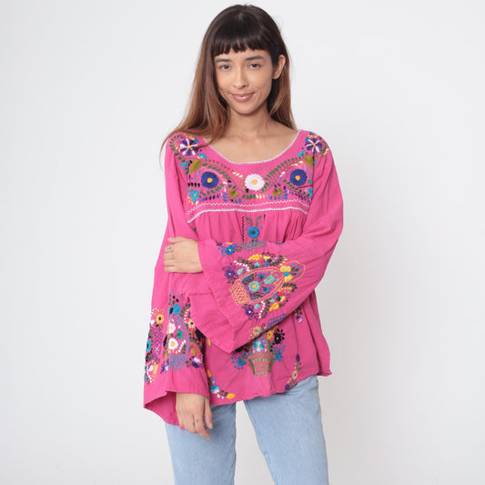 90s Embroidered Bell Sleeve Blouse Fuchsia Floral Cotton Tunic Medium M