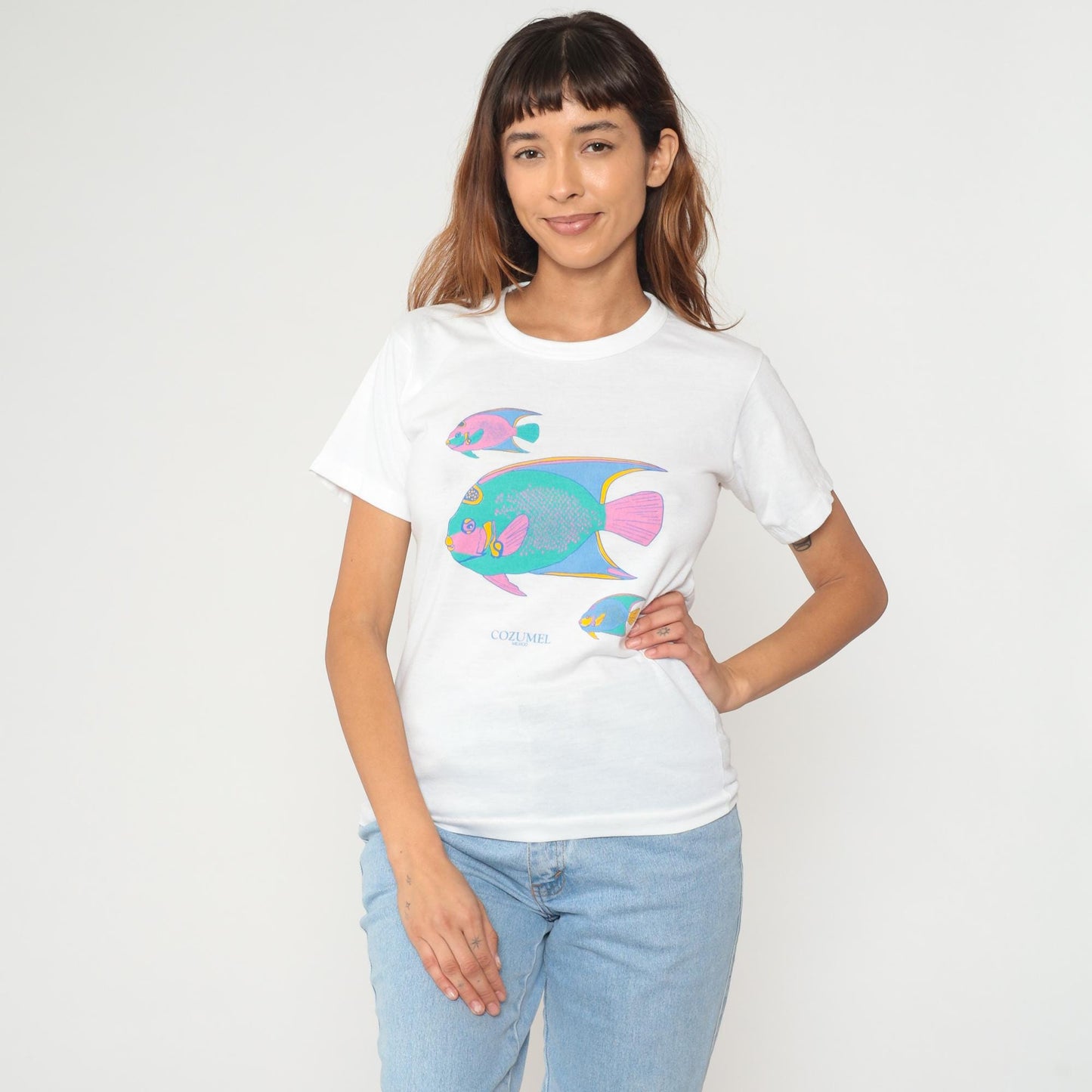 Y2K Cozumel Mexico Tropical Fish Graphic Tee White Cotton Small