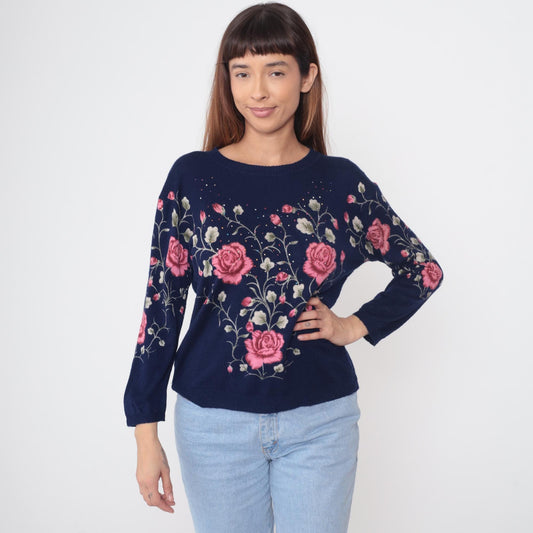 90s Navy Rose Embroidered Sweater Pink Beaded Knit Pullover Large L