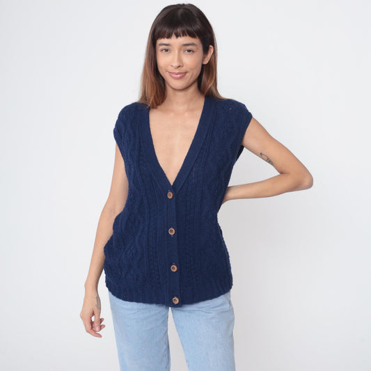 70s Navy Cable Knit Vest Deep V Button Front Sleeveless Medium