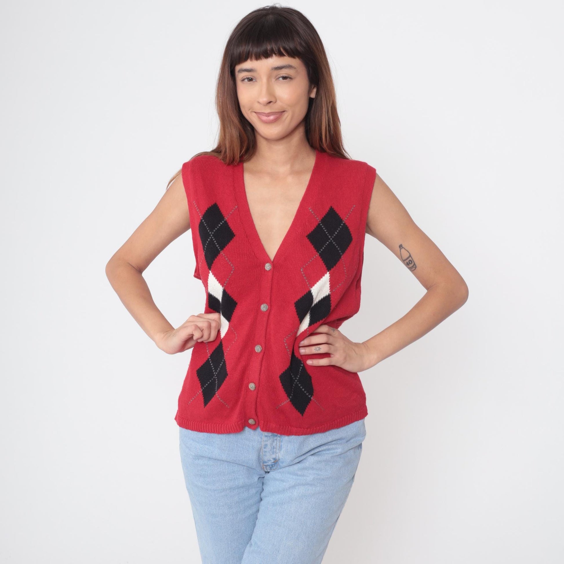 Sag Harbor Argyle Sweater Vest Red Black V-Neck Button Front Medium M