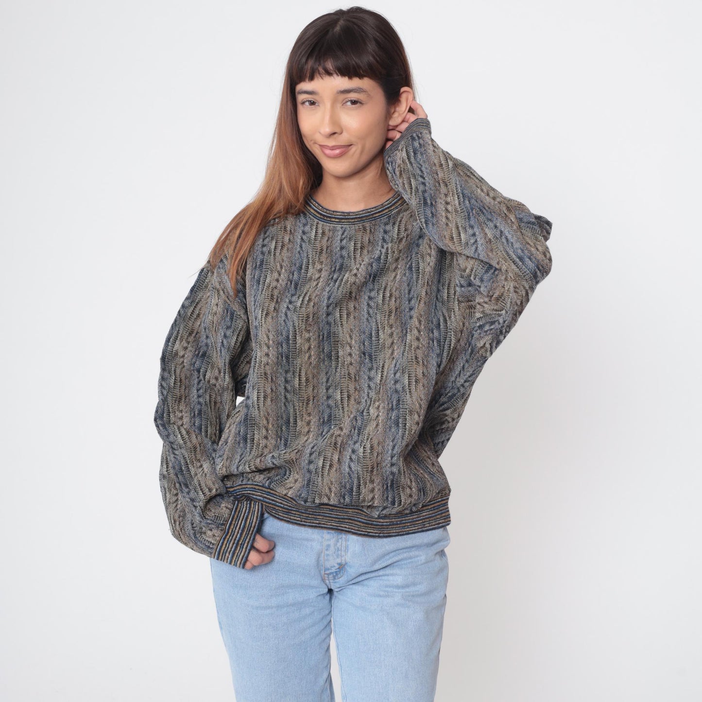 90s Jhane Barnes Knit Sweater Striped Crew Neck Earth Tone Large