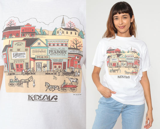 90s Oneita Peabody Kansas Western Town Graphic Tee White Cotton Medium