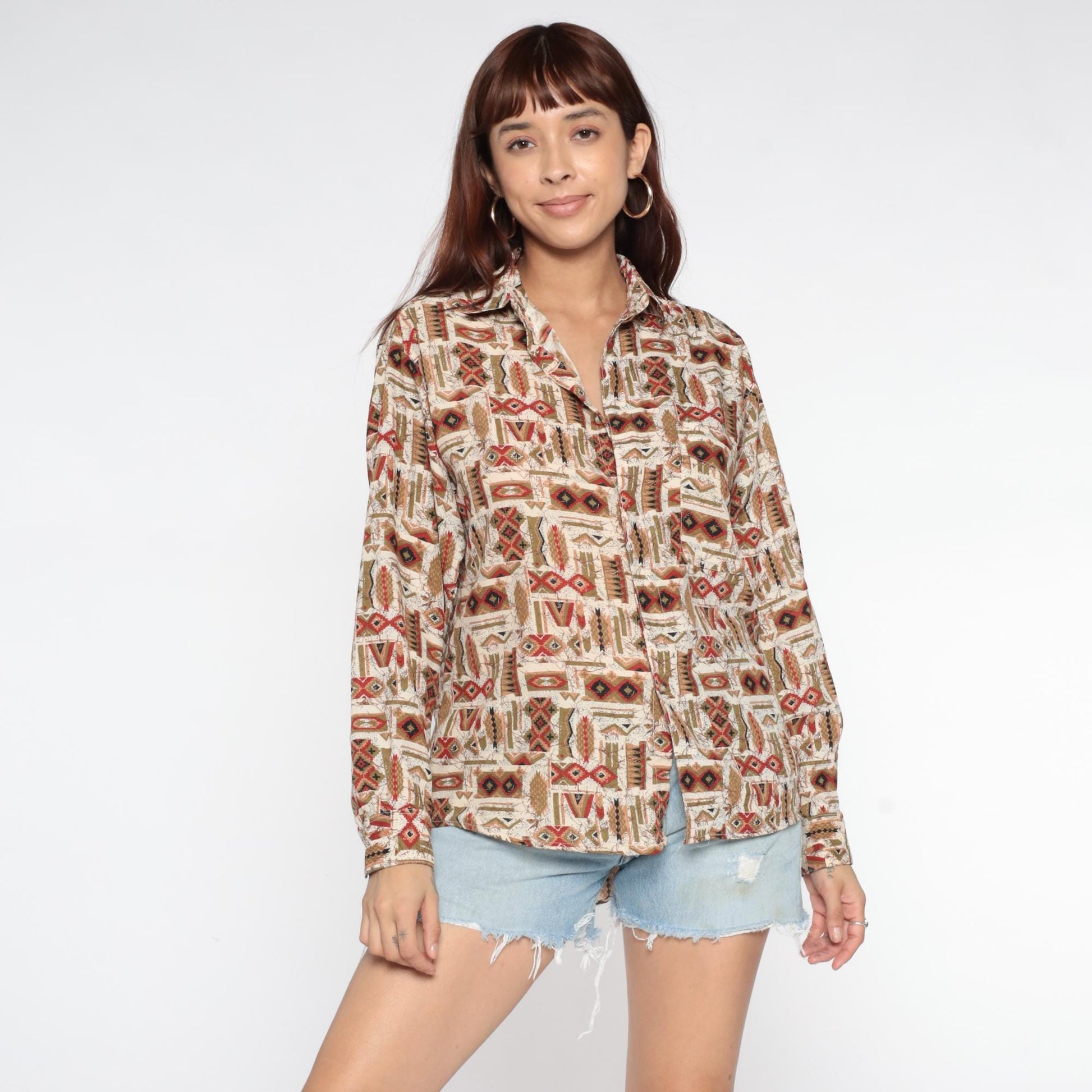 90s Tribal Geometric Button-Up Shirt Cream Rust Red Navy Olive Small