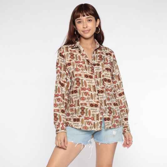 90s Tribal Geometric Button-Up Shirt Cream Rust Red Navy Olive Small