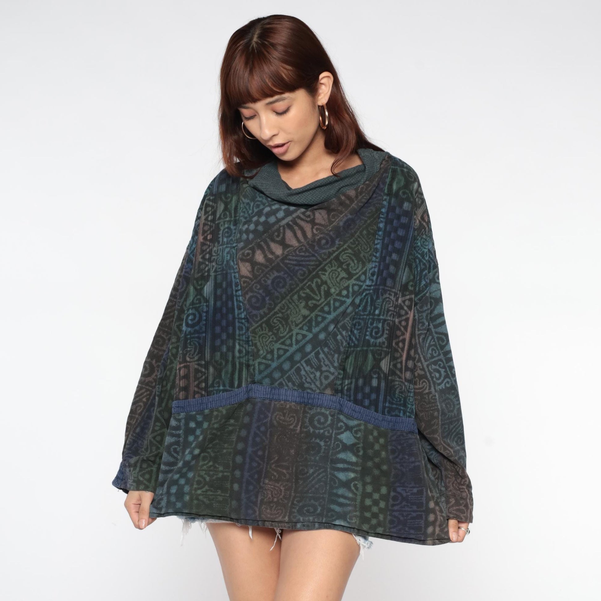 90s Winter Sun Tunic Plus Size Cowl Neck Geometric Print Extra Large XXL