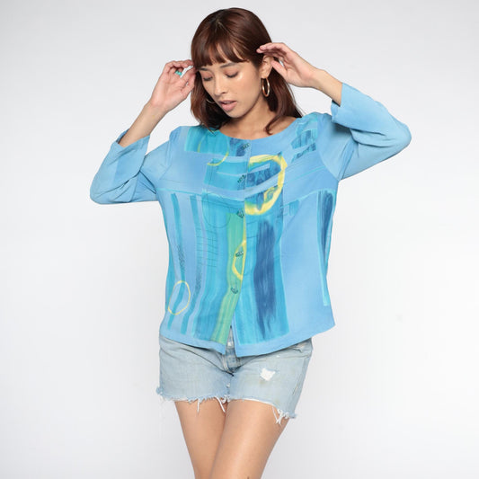 90s Nino Wong Geometric Watercolor Button Blouse Blue Rayon Medium M