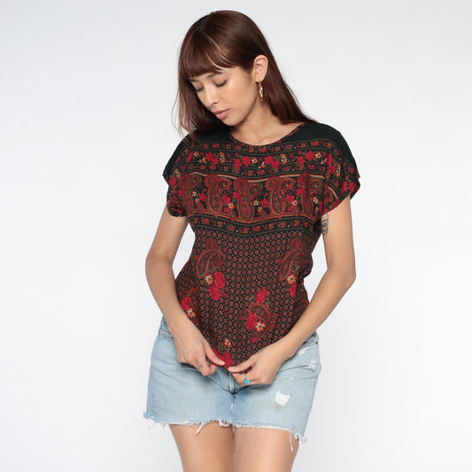 90s Paisley Floral Short Sleeve Blouse Black Burgundy Red Small S