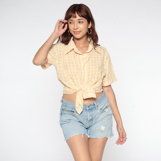 90s Denis Battochio Cream Gingham Button-Up Shirt Short Sleeve Medium M