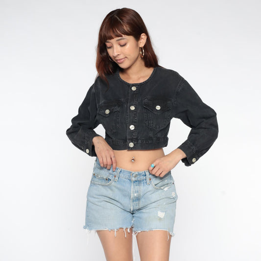 80s Black Denim Jacket Cropped Fitted Collarless Bleach Distressed Small S