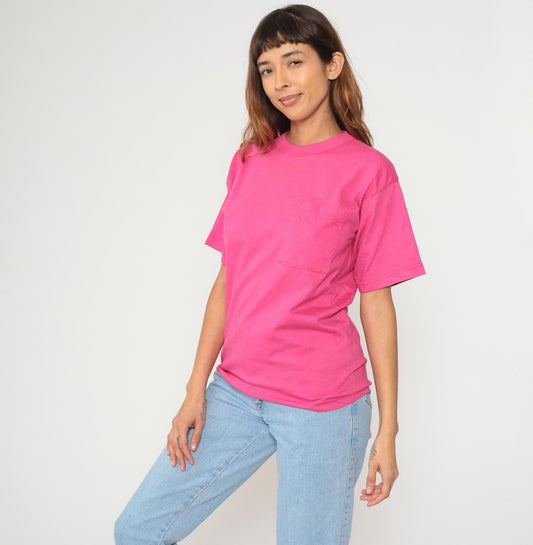 90s Pink Pocket T-Shirt Cotton Single Stitch Vintage Tee Small S