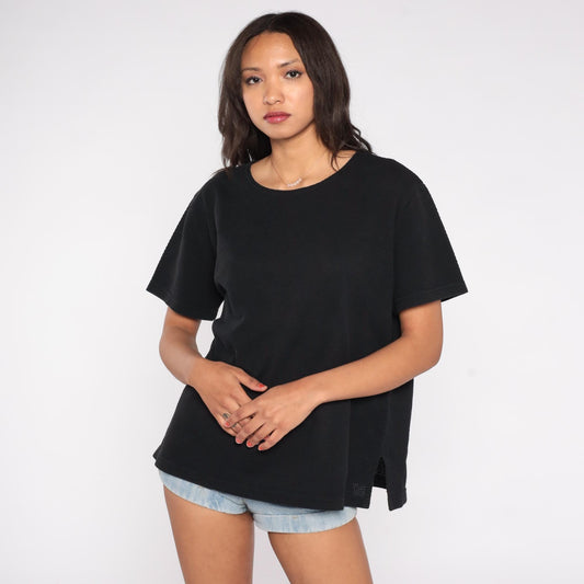 90s Black Crew Neck T-Shirt Cotton Blend Minimalist Vintage Tee Large L
